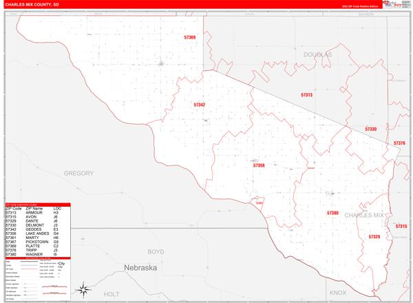 Charles Mix County Digital Map Red Line Style